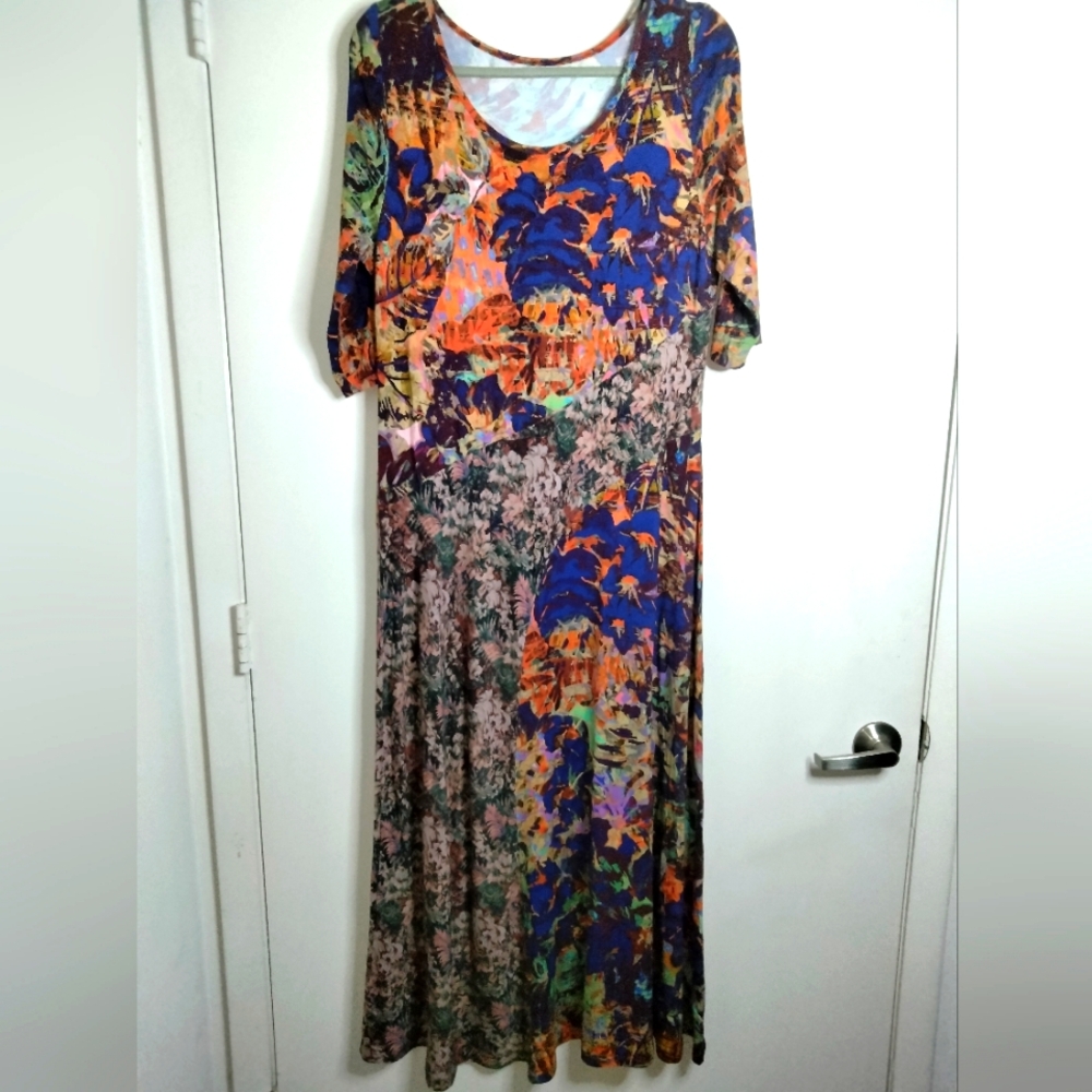 Soft Surroundings (Sz L) Multicolor Mixed Floral Stretch Half Sleeves Maxi Dress